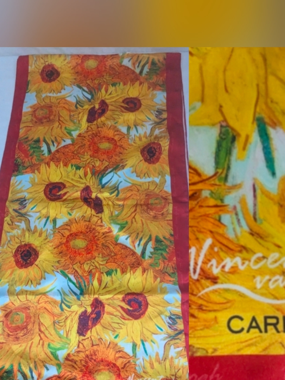 Carmani NWT Van Gogh Sunflower Patterned Scarf with Red Border